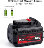Tueddur 60V 20V 7.5A Lithium-ion Battery for Dewalt 20V 60V Battery,Replace for Dewalt Battery DCB606 DCB612 DCB606-2 DCB206 DCB204 DCB205 DCB200 DCB201 DCB203 DCB609 DCB609-2 DCB181-XJ DCB181 DCB180 - Image 3